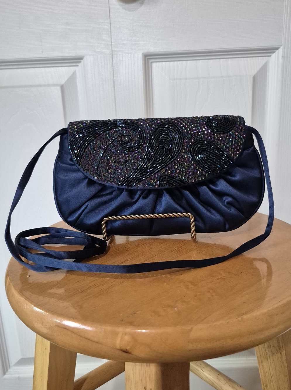 Caparros Satin Crossbody Evening Purse Beaded Clutch Dark Blue & Purple Vintage